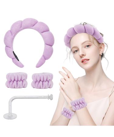 Hope&Luck Sponge 4Pcs Spa Headband for Women  Headband and Wristband Set for Washing Face  Terry Cloth Spa Headband Purple Sponge Spa Headband Bubble headband