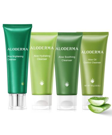 Aloderma Aloe Cleanser Set, 4 Pieces - Hydrating, Soothing, Brightening, Oil Control Cleansers