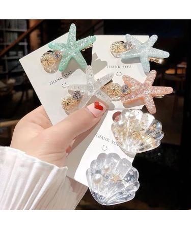 6Pcs Ocean Pearl Shell Starfish Hair Clips Set for Girls - Diamond Flash Edge Clips for Bangs - Elegant Hair Ornaments Headdress - Buy Online on GoSupps.com