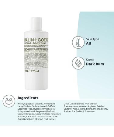 Malin + Goetz Rum Hand + Body Wash 16 Fl Oz - Soothing Hydrating Soap for Men and Women - Prevents Dry Skin - Cruelty-Free & Vegan - Buy Online on GoSupps.com