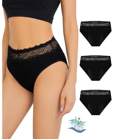 Leovqn Period Pants for Women Lace Trim Menstrual Underwear Heavy Flow Period Knickers Leakproof Postpartum Briefs XL Black