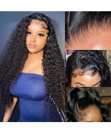 Aomllute Deep Wave Lace Front Wigs Human Hair 180% Density 13x4 HD Transparent Lace Frontal Wigs for Women Glueless Curly Lace Front Wigs Pre Plucked Human Hair Wigs Natural Black Color 20 inch 20 Inch 13x4 Deep Wave Lac...