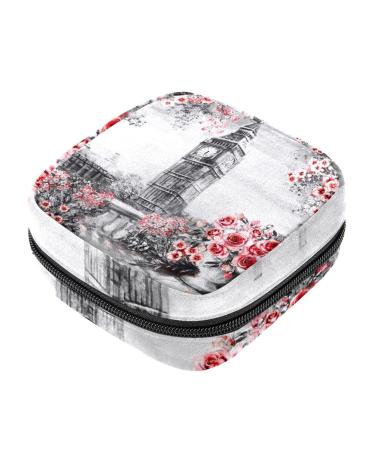 Sanitary Napkin Storage Bag London Big Ben Rose Menstrual Cup Pouch Portable Sanitary Napkin Pads Storage Bags Feminine Menstruation First Period Bag for Teen Girls Women Ladies Color 1