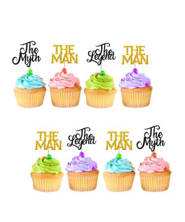 The Man The Myth The Legend Cupcake Toppers for Father's Birthday Man Boy Birthday Cupcake Toppers Black & Gold Glitter Cake Decorations for Happy Father's Day Party Supplies - 24pcs