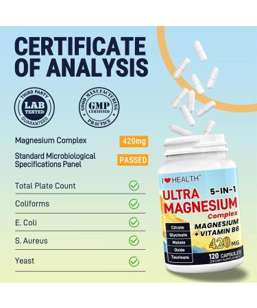 Magnesium Supplement - 5 in 1 Complex 420mg + Vitamin B6 30mg Glycinate Citrate Malate Taurate Oxide - Made in USA - Support Heart Bone Sleep & Muscle Health - 120 Capsules 2 Month Supply - Buy Online on GoSupps.com