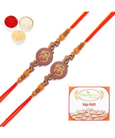 Ghasitaram Gifts Rakhi for Brother Rakhis Online- Set of 2- BW-5410 Wooden Om Rakhi with 200 GMS of Kaju katli