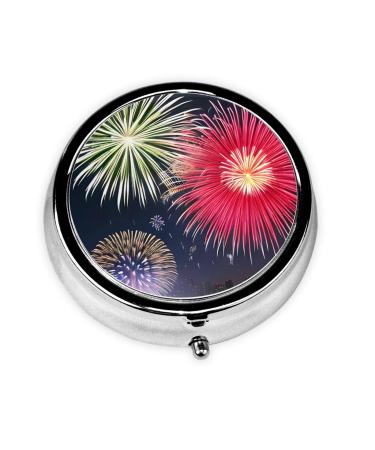 Splendid Fireworksround Pill Box 3 Compartments Round Pill Box Organizer for Purse Or Pocket Portable Travel Pill Box