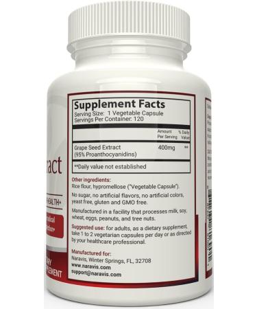 Grape Seed Extract 400mg - 95% Polyphenols Proanthocyanidins - 120 Veggie Capsules - Non-GMO Antioxidant Supplement by Naravis - Buy Online on GoSupps.com
