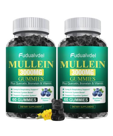 2 Packs 3000MG Organic Mullein Gummies for Lung Mullein Leaf Extract for Lungs - Quercetin Bromelain for Respiration Immune and Digestive Support 120 Count Blueberry Gummys 60 Count (Pack of 2)