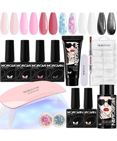 Poly Gel Nail Kit: with 3 Pure and 1 Cat Eye Gel Nail Polish Clear DIY Poly Gel Kit with Mini U V Lamp Starter Kit with Glitter Base Coat Top Coat Slip Solution Nail Extension Gel Kit