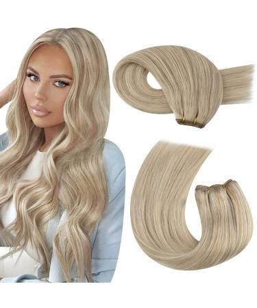Moresoo Weft Human Hair Extensions Double Weft Hair Extensions Ash Blond with Platinum Blonde Sew in Hair Extensions 24 Inch 100g/Pack #P18/613 24 Inch(Pack of 1) WEFT #P18/613