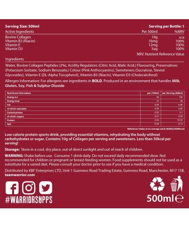 Warrior Protein Water 10g 12 x 500ml Collagen Peptides Hydrate Sports Drink Less Than 50 Calories per Serving Contains Essential Vitamins Aspartame Free (Berry) Berry 500 ml (Pack of 1) - Buy Online on GoSupps.com