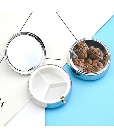 Round Walnut Pill Box - 3 Compartment Decorative Portable Organizer | Stylish Metal Pill Case for Nuts & Medicine - Buy Online on GoSupps.com