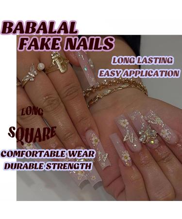 Buy BABALAL Square Press on Nails - Long Pink Glue on 3D Butterfly Flower Charm Acrylic Nails - 24Pcs Glitter Squoval Manicure for Women & Girls - Buy Online on GoSupps.com