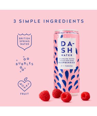Dash Water Raspberry & Mango - 24 x Flavoured Sparkling Spring Water NO Sugar NO Sweetener NO Calories - Infused with Wonky Fruit (12 Raspberry & 12 Mango x 330ml cans) - Buy Online on GoSupps.com