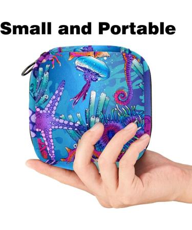 Stylish Menstruation Pad Bag with Zipper - Underwater Jellyfish & Coral Mussels Design | Women's Napkin & Tampon Collecting Bag - Buy Online on GoSupps.com