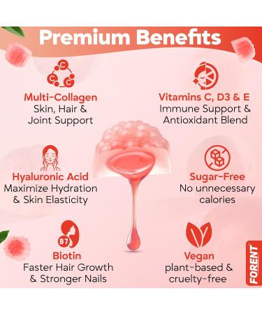 Forent 2500mg Collagen Gummies for Women & Men with Biotin, Vitamin D3, Hyaluronic Acid | Supports Skin Hair Nails & Joints, Sugar-Less Colageno Hidrolizado for Women, 60 Servings Peach Flavor - Buy Online on GoSupps.com
