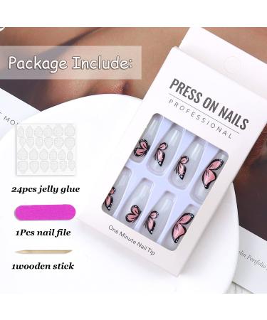 24Pcs Pink Butterfly Press on Nails - Exquisite Design Full Cover Acrylic Nails for Women - Spring Nail Art Decorations - Buy Online on GoSupps.com