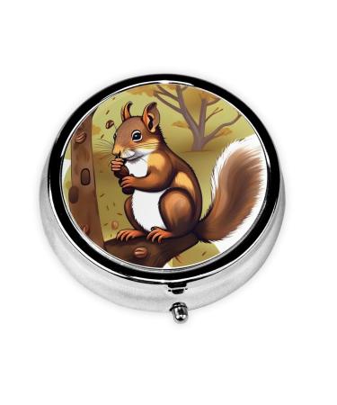 Nut-Eating Squirrelround Pill Box 3 Compartment Round Pill Box Organizer &Portable Travel Pill Box for Traveling.