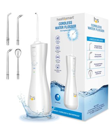 HealthSmart Compact Cordless Water Flosser Rechargeable Type-C USB Removes Food Particles 4 Cleaning Nozzles 6 Pulsating Modes 250ml Water Tank FSA & HSA Eligible Promotes Healthy Gums
