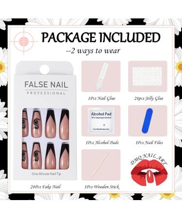 Ballerina Coffin Fake Nails - 24Pcs Long Black French Press on Nails with Dragon Patterns | Full Cover False Nail Tips with Glue for Women & Girls Nail Art - Buy Online on GoSupps.com