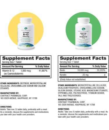 Earth's Splendor Energy & Hair Support: Vitamin B12 (200 Tablets) + Biotin 10 000 mcg & Keratin 25mg (60-Day Supply) - Boosts Energy Hair Nails & Skin - No Artificial Colors Gluten Free - Buy Online on GoSupps.com