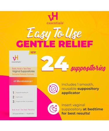 vH Essentials Boric Acid & Tea Tree Vaginal Suppositories - pH Balance & Odor Control - Feminine Care - 24 Suppositories + Applicator - 2.4 oz - Buy Online on GoSupps.com