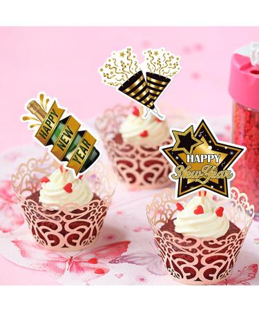 Happy New Year Cupcake Toppers Gold and Black Cupcake Toppers Picks for New Years Eve Party Dessert Decoration Supplies 32 Pieces - Buy Online on GoSupps.com