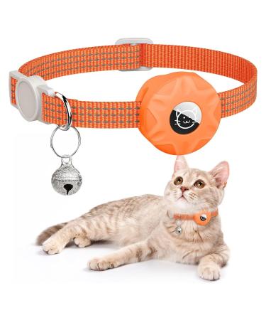 For Airtag cat collar integrated reflective kitten neck band with Airtag holder puppy cat collar with bell light tracker cats collars for girls young cats orange bell orange