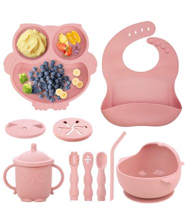 Baby Weaning Set Silicone Baby Feeding Set(10 Pcs) Toddler Weaning Set with Adjustable Bib Suction Bowl Plate Fork Spoon Water & Snack Cup Kit for Babies Toddler and Kids Pink