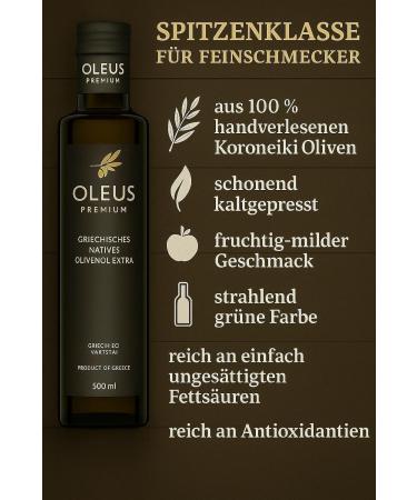 OLEUS PREMIUM Premium quality olive oil - Cold pressed | Greece | For cooking/roasting | Extra Virgin | Olives | Mild fruity | 100% Koroneiki olives | Messinia | Gift | 750 ml glass bottle - Buy Online on GoSupps.com