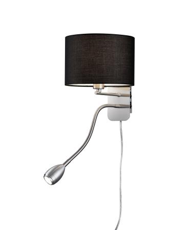 Lightling modern wall lamp in nickel matt with adjustable reading arm fabric screen black 1 x E14 max. 40W 20 cm height: 23.5 cm wall light black