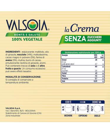 Italian Gourmet E.R. Valsoia Set of 6 Plant-Based Creams with Cocoa and Oats 100% Plant-Based Gluten-Free Palm Oil-Free Lactose-Free 200g + Italian Gourmet Polpa 400g - Buy Online on GoSupps.com