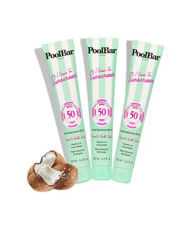 PoolBar SPF 50 Hydrating Mineral Body Sunscreen Cream for Women and Men Skin Care - Coconut Vanilla Scent Sun Care Vegan and Water Resistant Broad Spectrum Sunscreen 130 ml (4.3 Fl. Oz) (Pack of 3)