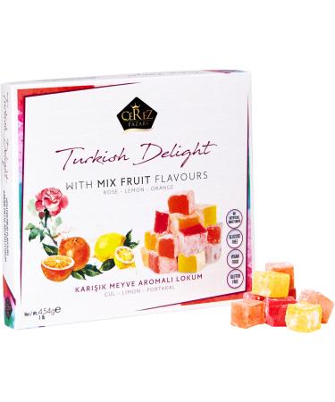 Cerez Pazari Turkish Delight with Rose, Orange and Lemon Mix Flavours 16 Oz Gourmet Medium Size Snacks Gift Box | No Nuts Sweet Luxury Traditional Confectionery Vegan Soft Candy Dessert Glucose Free Lokum (Loukoumi) Approx