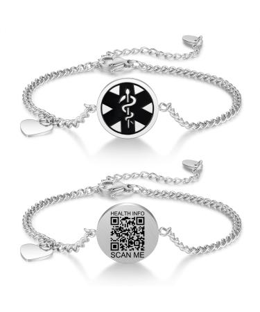 Upgraded Medical Bracelets Men Women with QR Code Medical Alert ID Bracelets - Titanium Steel Wristband Fits Wrists Up 8''-10'' - More Space Custom Emergency Medical ID Info 9.06'' Curb Chain - Silver