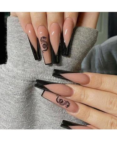Coffin Fake Nails Long 24Pcs Black French Press on Nails with Dragon Patterns Ballerina False Nails French Full cover Nail Tips with Nail Glue Stick on Nails for Women Girls Nail Art Oblique Black