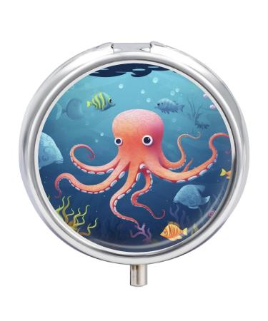 Pill Box Pill Case 3 Compartment Travel Pill Box Cartoon Octopus Fish Printing Small Pill Box Portable Medicine Pill Case Pill Organizer for Purse & Pocket for Travel Handbag (Round)