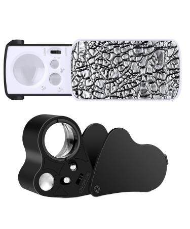 2 PCS Illuminated Jewelers Loupe, 30X 60X 90X Eye Loupe Portable Magnifying Glass with LED Light, Lighted Magnifier for Jewelry, Coins, Plants, Stamps, Gems, Watch Repair Work Black