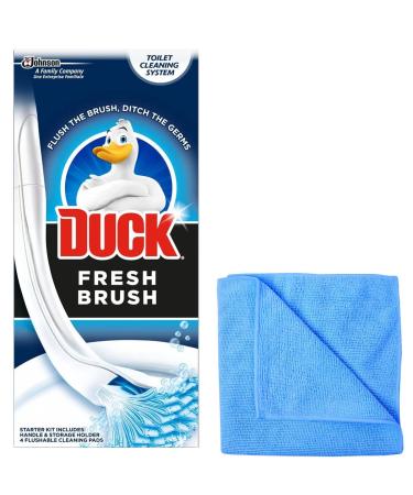 Toilet Duck Fresh Brush with Holder-Toilet Bowl Cleaner Starter Kit 1 Handle + 4 Refills - with Microfibre Cleaning Cloth Duck Brush + Microfibre Cloth