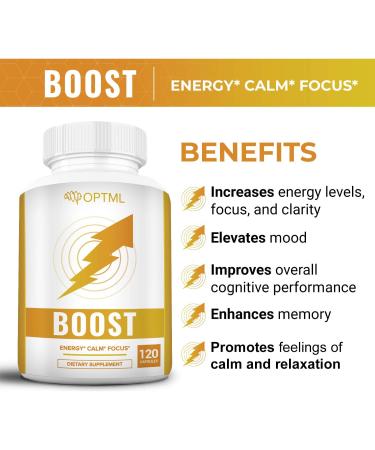 OPTML Boost: 100mg Caffeine & 200mg L-Theanine Energy Pills for Focus & Mood 120 Capsules No Crash No Jitters - Buy Online on GoSupps.com