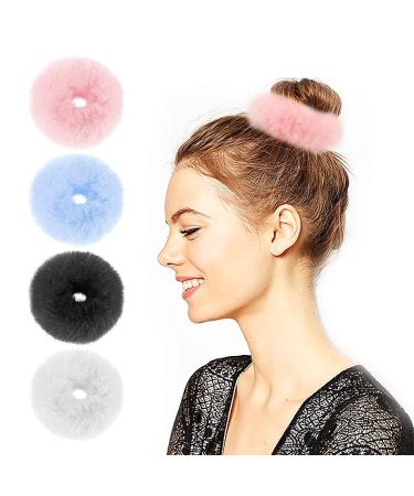 4 Pieces Fuzzy Scrunchies Furry Fluffy Faux Fur Scrunchies Pom Pom Hair Tie for Women Girls Ponytail Holders Cute Elastic Pompom Hair Accessories Rabbit Furry Wristband Ropes Hair Band Set(4 Colors)