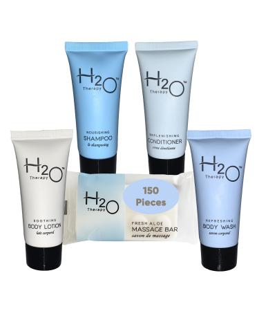 H2O Therapy Hotel Soaps and Toiletries Bulk Set | 1-Shoppe All-In-Kit Amenities for Hotels & Airbnb | .85oz Hotel Shampoo & Conditioner, Body Wash, Body Lotion & 1 oz Bar Soap Travel Size | 150 Pieces
