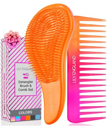 Detangle Hair Brush and Wide Tooth Comb Set Easy to Hold Detangler Hairbrush and Detangling Comb for Women and Kids for Wet or Dry Fine Curly Thick Afro Hair by Lily England - Pink/Orange 1 Count (Pack of 1) Pink / Orange