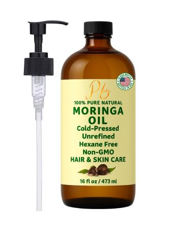 Pomberries Moringa Oil 100% Pure Cold-Pressed & Unrefined Moringa Seed Oil for Face Skin Hair & Body Hydrating Anti-Aging Moisturizer 16 fl oz Amber Glass Bottle with Pump