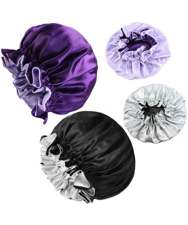 Satin Sleep Bonnet 2 Pack Silk Bonnet Large Hair Bonnet for Black Women Silk Bonnet for Sleeping Double Layer Soft Satin Bonnets (Black & Purple) Purple + Black