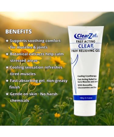 ClearZal Fast Acting Clear Pain Relieving Gel with Cooling Cryotherapy Boswellia and Glucosamine for Sore Muscles and Joints Soothing Cooling Gel 3.4 oz - Buy Online on GoSupps.com