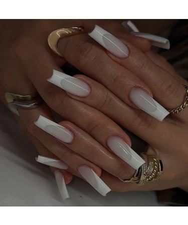 French False Nails Long 24Pcs White French Fake Nails Coffin Press on Nails Acrylic Stick on Nails with Nail Glue Full Cover French Nail Tips for Women Girls Nail Art Coffin Nude White French