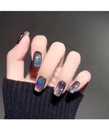 Black Glossy Glitter Press-On Nails - Short Cat Eye Colorful Acrylic Stick-On Nails for Women 24pcs - Buy Online on GoSupps.com