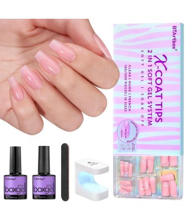 BTArtbox XCOATTIPS Natural Nail Kit - Short Coffin Nail Tips with Gel Nail Gl ue Top Coat Nail Lamp All in One Soft Gel Press on Nails Gel Extension Fall Day Gifts Kit- S Coffin